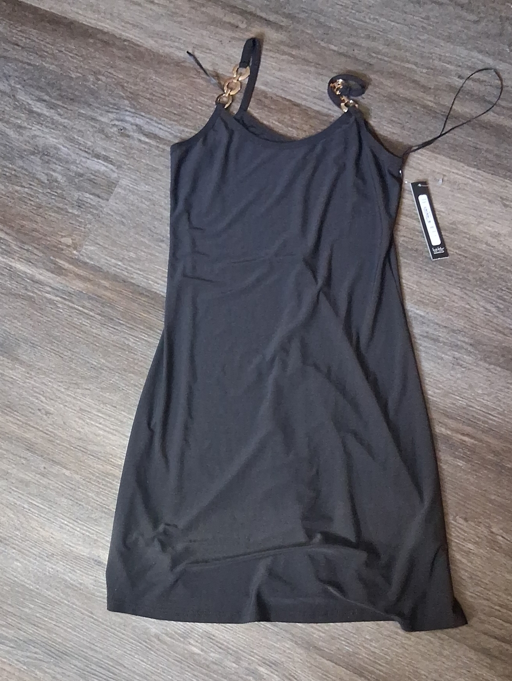 Black Mini Slip Dress with Gold Chain Straps